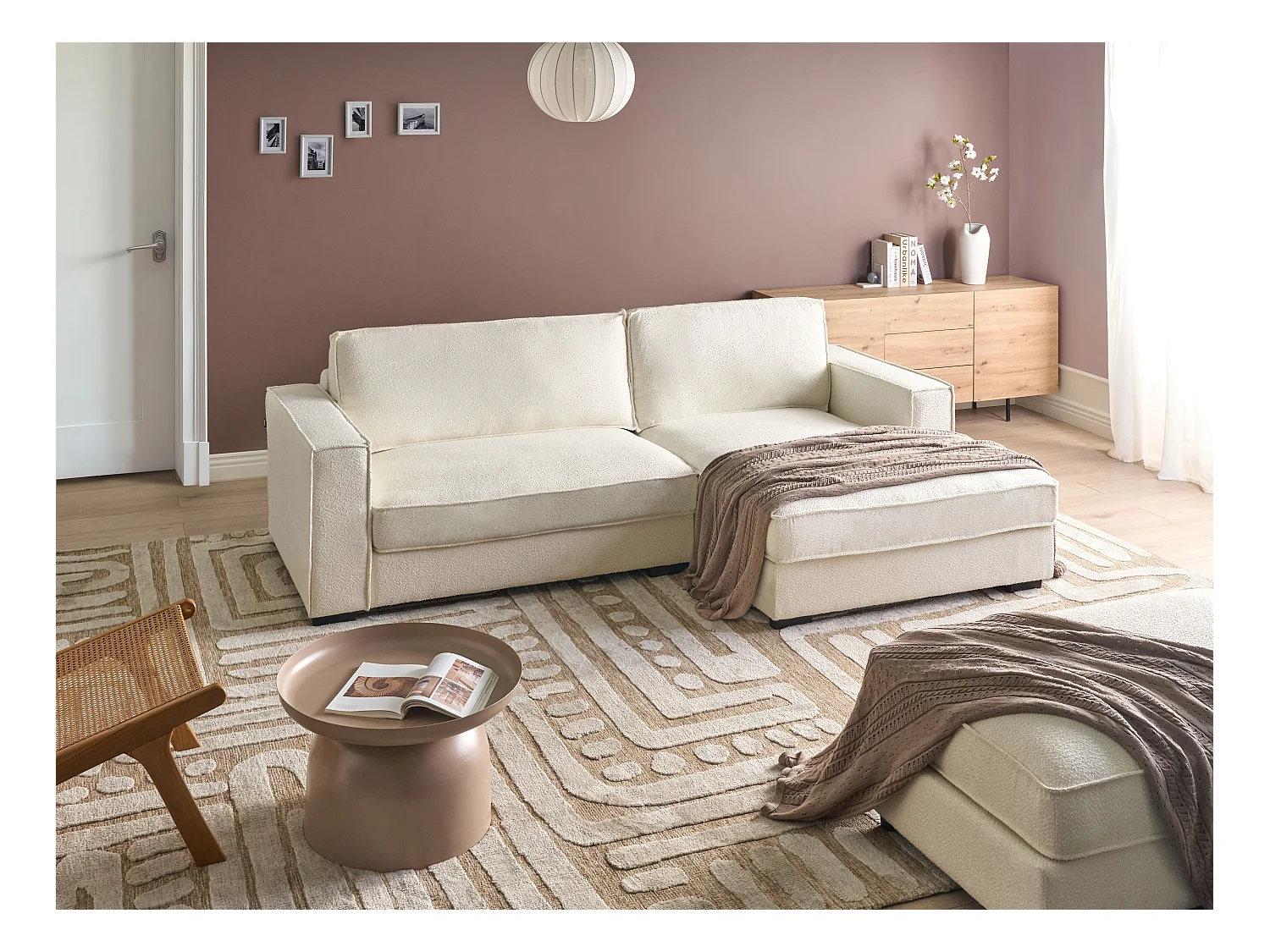 Canapé d'Angle à droite Moderne en Bouclé en Forme de L avec Coussins Rembourré Blanc Cassé Renders