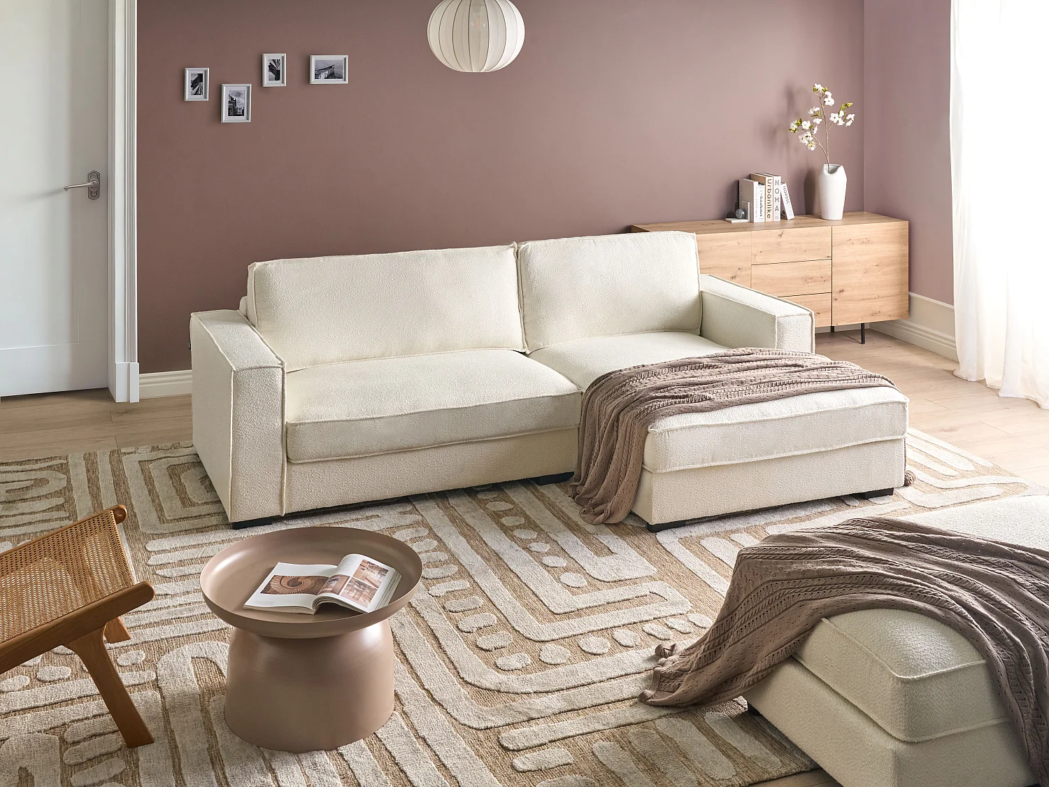 Canapé d'Angle à droite Moderne en Bouclé en Forme de L avec Coussins Rembourré Blanc Cassé Renders