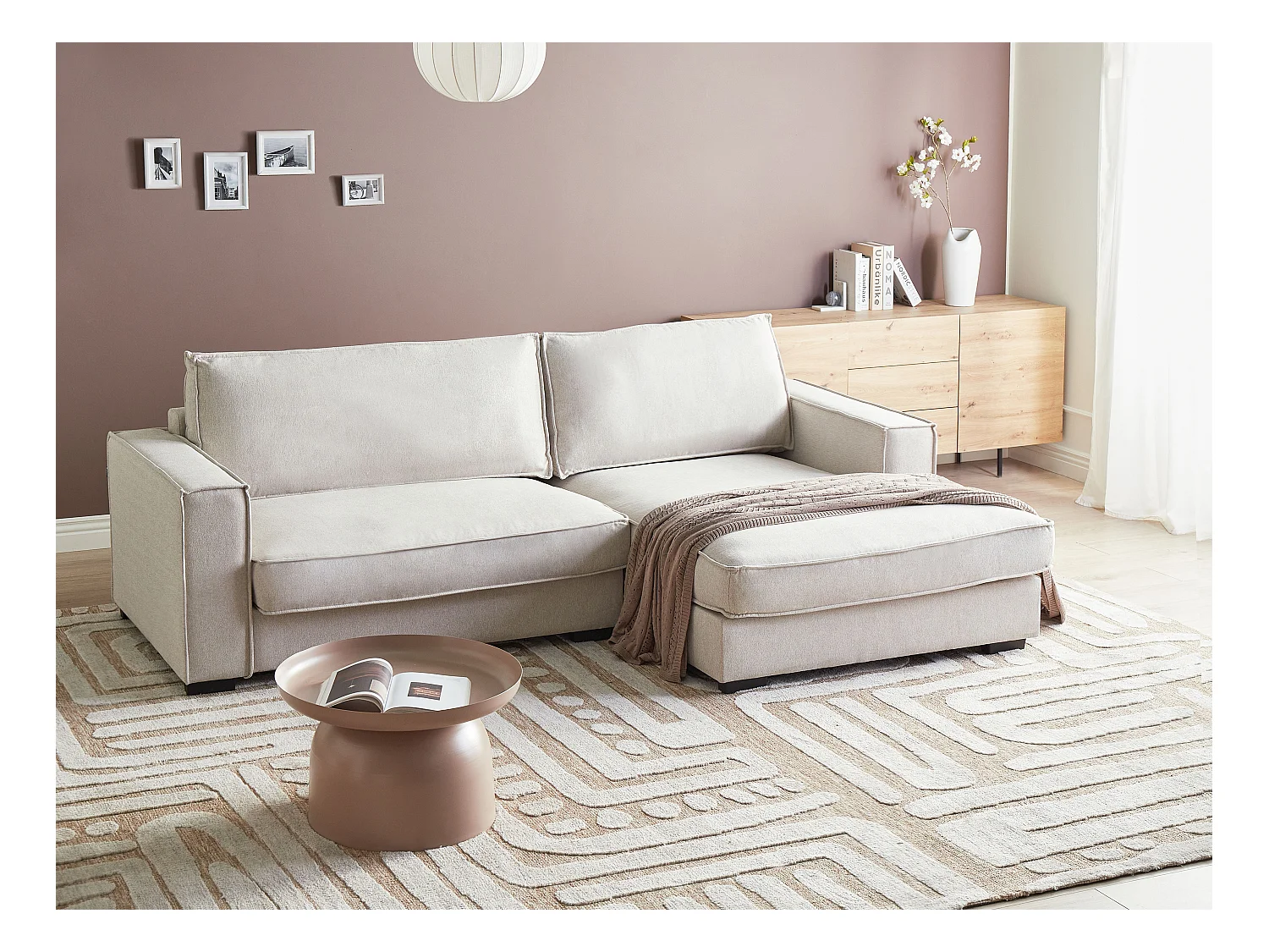 Canapé d'Angle à droite Moderne en Tissu en Forme de L avec Coussins Rembourré Beige Clair Renders