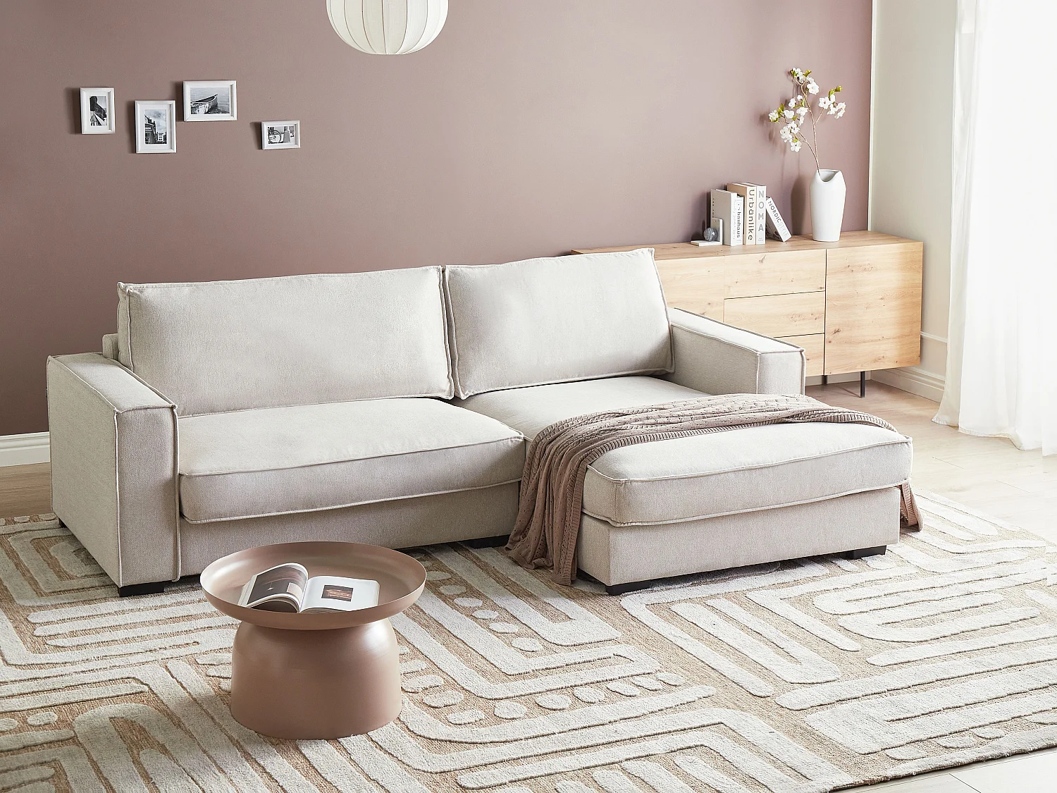 Canapé d'Angle à droite Moderne en Tissu en Forme de L avec Coussins Rembourré Beige Clair Renders