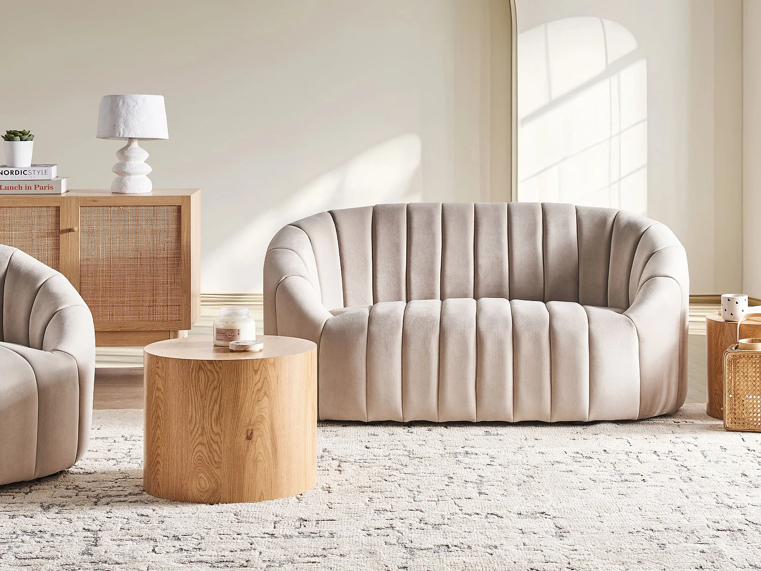 2-Sitzer Sofa Samt beige gesteppt oval Muschelform niedrige Rückenlehne Malung