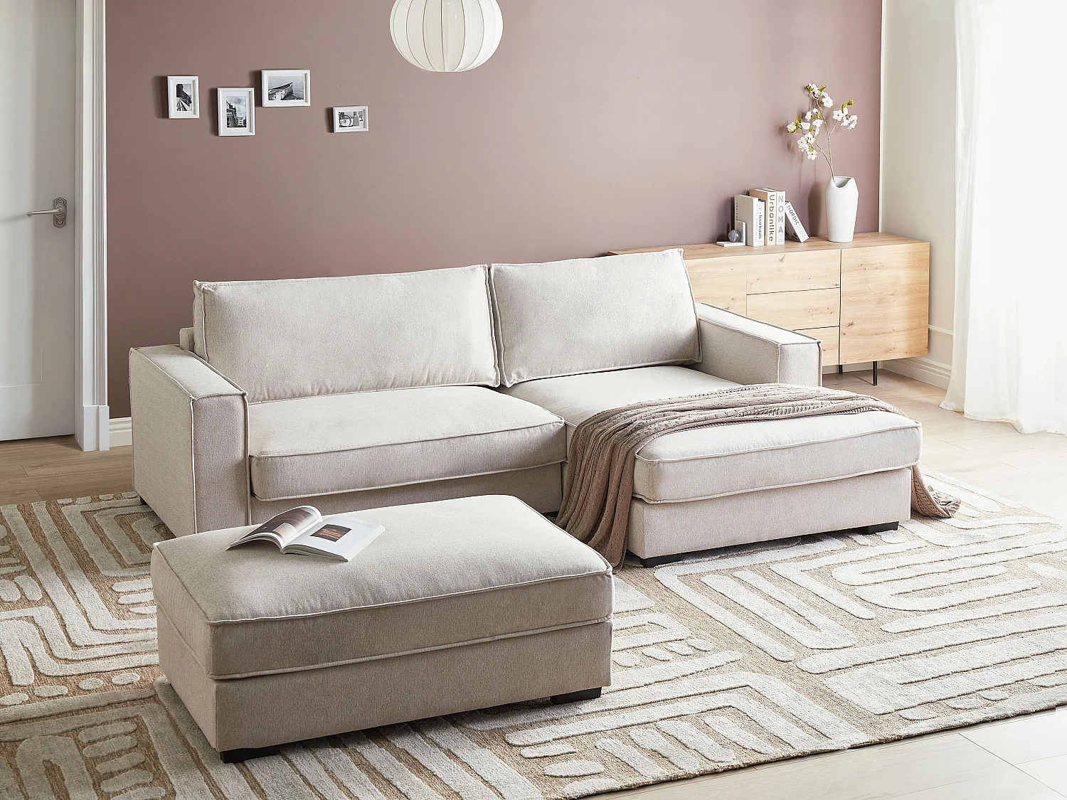 Divano angolare RENDERS Tessuto Beige chiaro con ottomana 3 posti Lato Sinistro