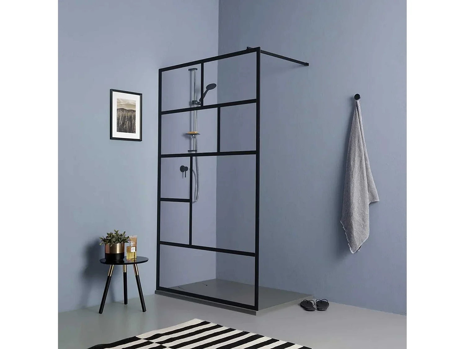 Mampara de ducha de baño moderna "Walk" en cristal transparente y marco negro mate cm 100x200h