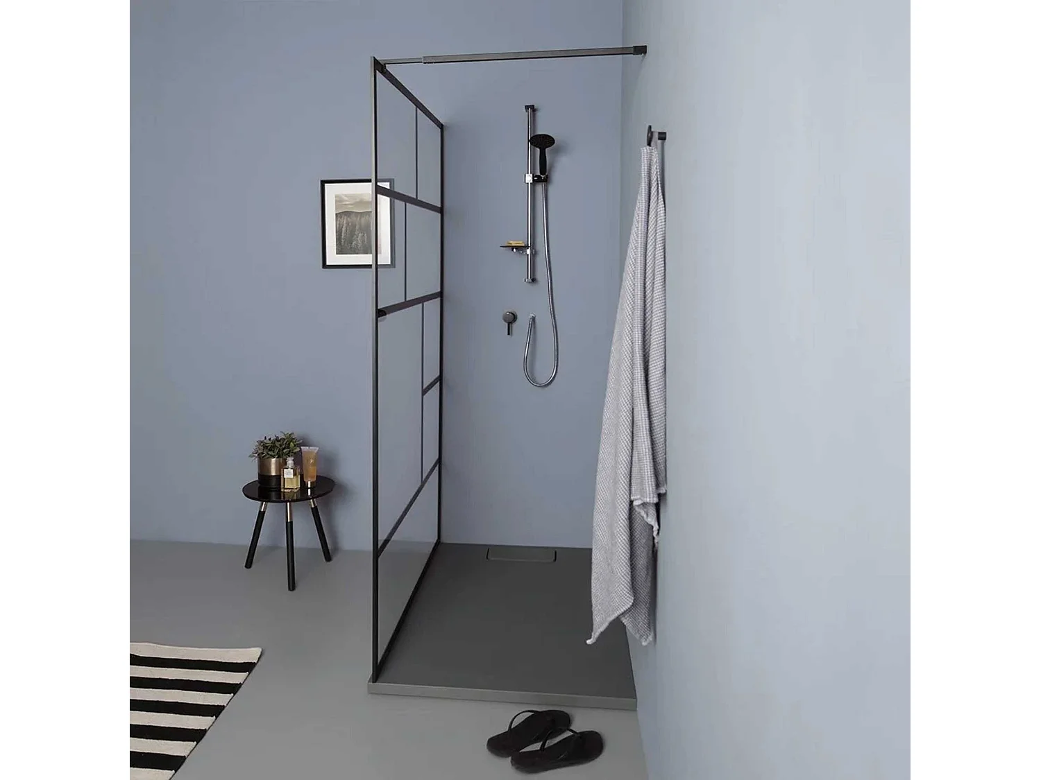 Mampara de ducha de baño moderna "Walk" en cristal transparente y marco negro mate cm 100x200h