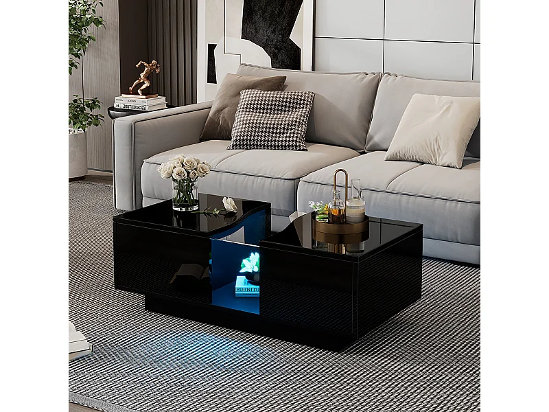 Table basse LED moderne noir brillant 2 tiroirs éclairage LED plateau acrylique MDF salon chambre