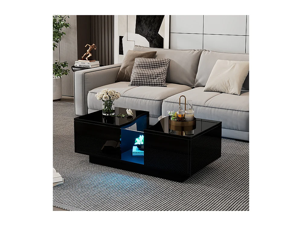 Table basse LED moderne noir brillant 2 tiroirs éclairage LED plateau acrylique MDF salon chambre