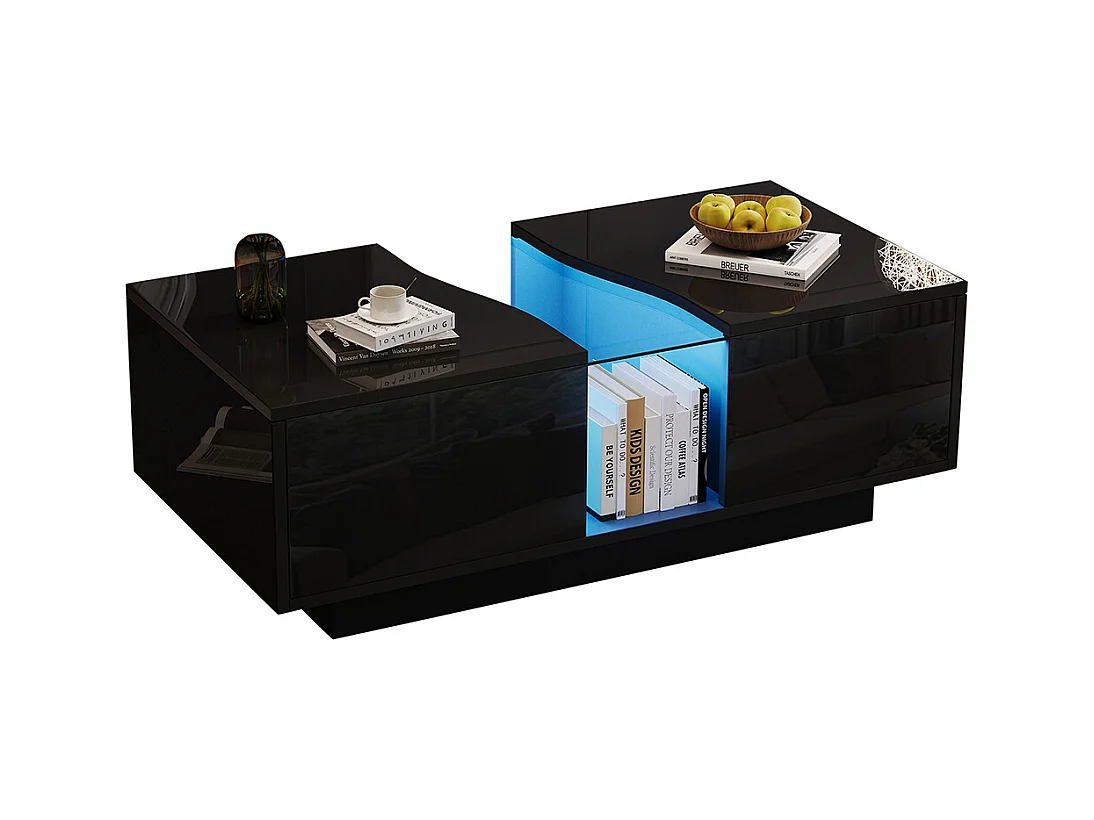 Table basse LED moderne noir brillant 2 tiroirs éclairage LED plateau acrylique MDF salon chambre