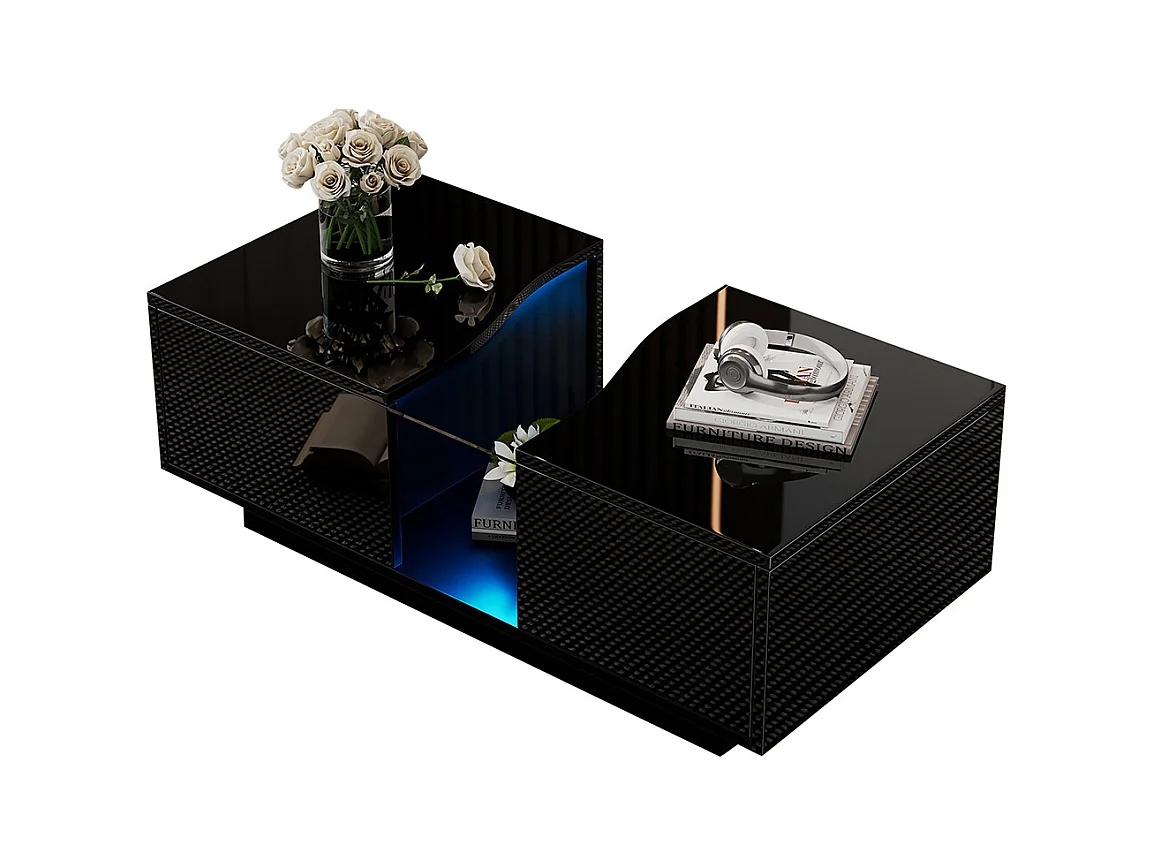 Table basse LED moderne noir brillant 2 tiroirs éclairage LED plateau acrylique MDF salon chambre