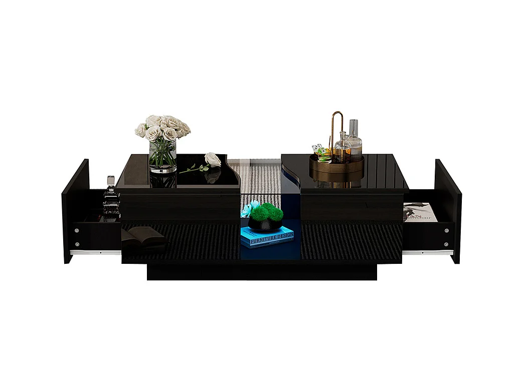Table basse LED moderne noir brillant 2 tiroirs éclairage LED plateau acrylique MDF salon chambre