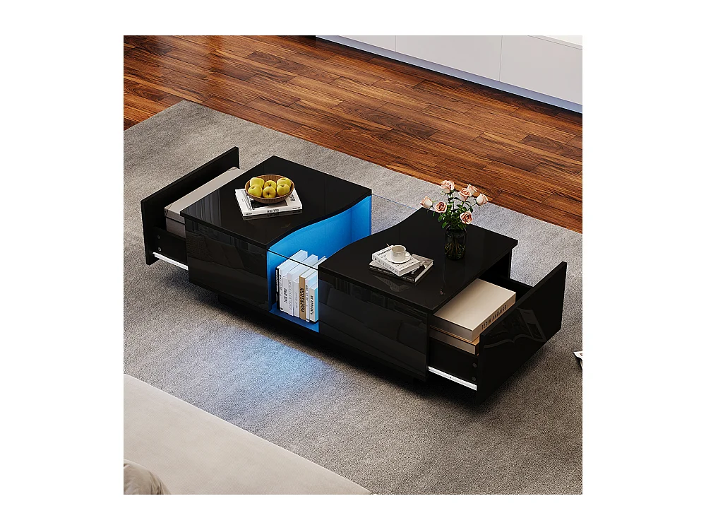 Table basse LED moderne noir brillant 2 tiroirs éclairage LED plateau acrylique MDF salon chambre