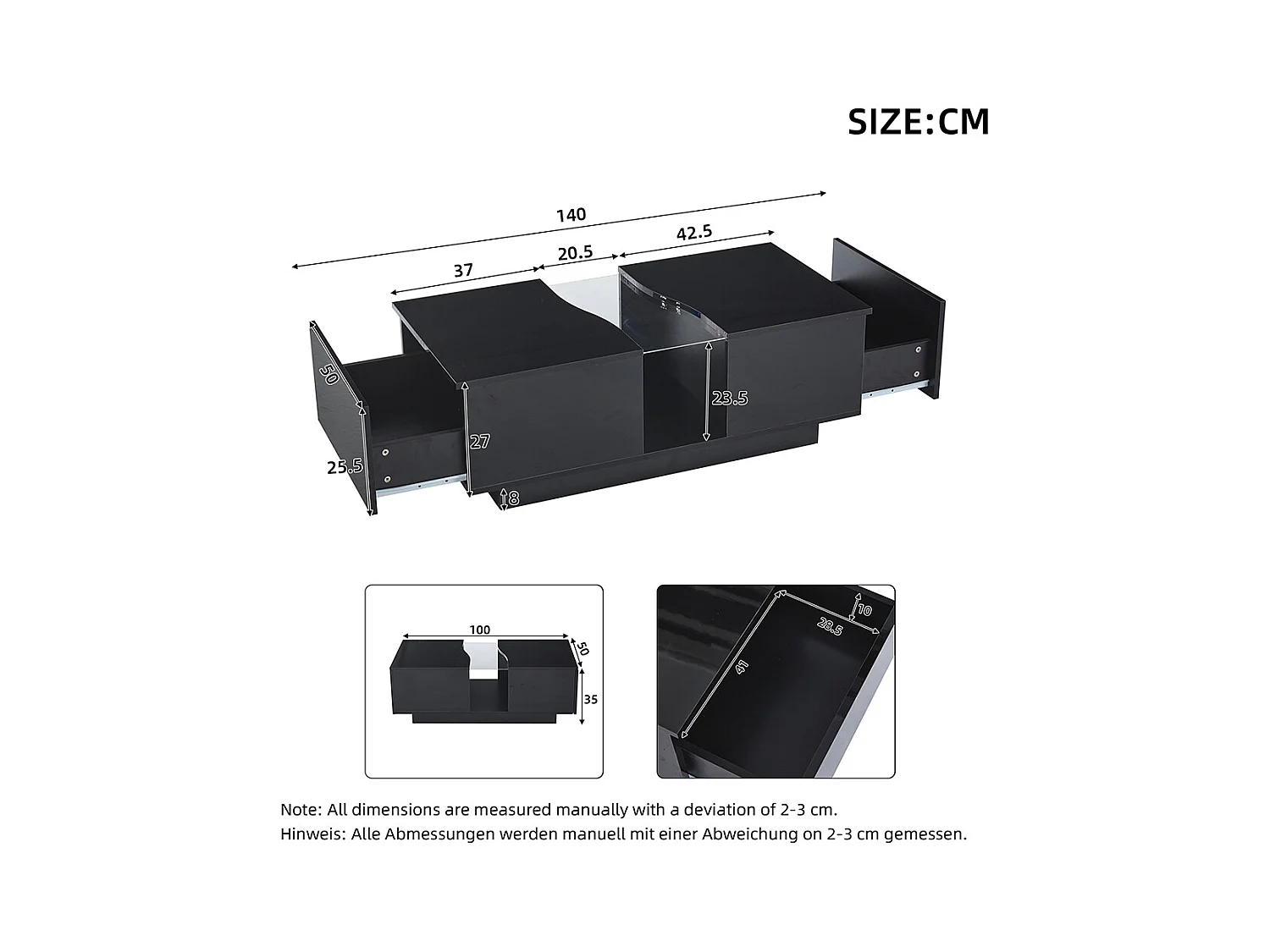 Table basse LED moderne noir brillant 2 tiroirs éclairage LED plateau acrylique MDF salon chambre