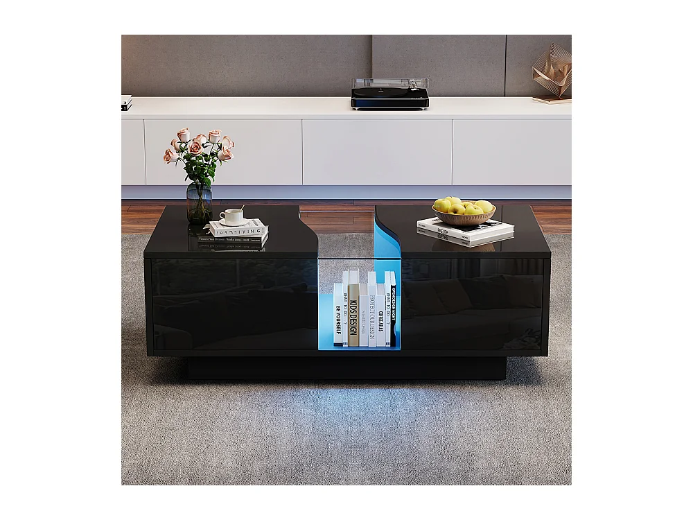 Table basse LED moderne noir brillant 2 tiroirs éclairage LED plateau acrylique MDF salon chambre