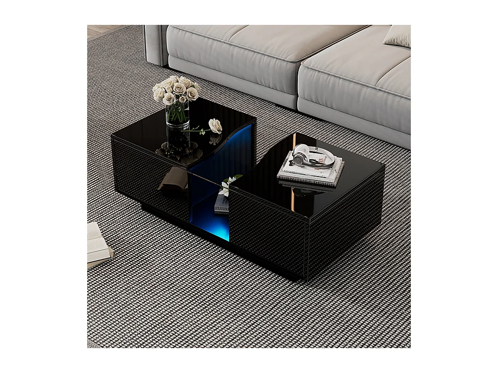 Table basse LED moderne noir brillant 2 tiroirs éclairage LED plateau acrylique MDF salon chambre