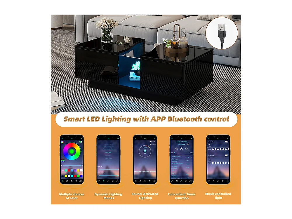 Table basse LED moderne noir brillant 2 tiroirs éclairage LED plateau acrylique MDF salon chambre