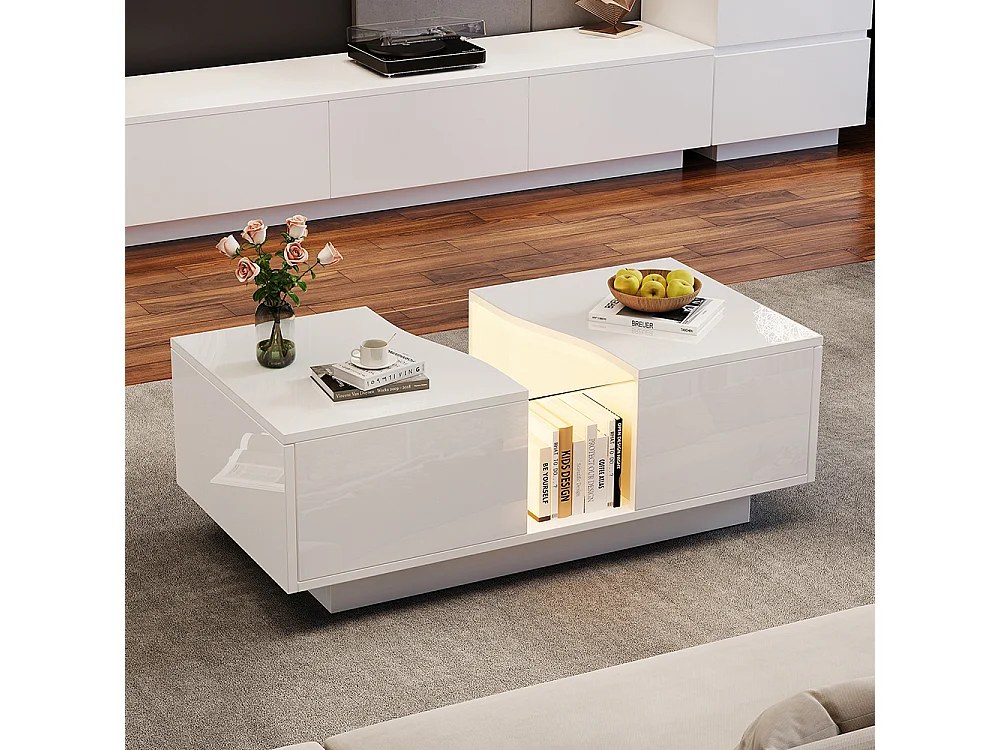 Table basse LED moderne blanc brillant 2 tiroirs éclairage LED plateau acrylique MDF salon chambre