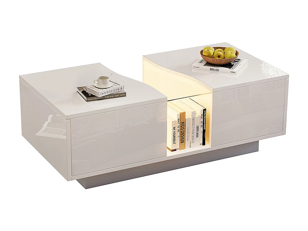 Table basse LED moderne blanc brillant 2 tiroirs éclairage LED plateau acrylique MDF salon chambre