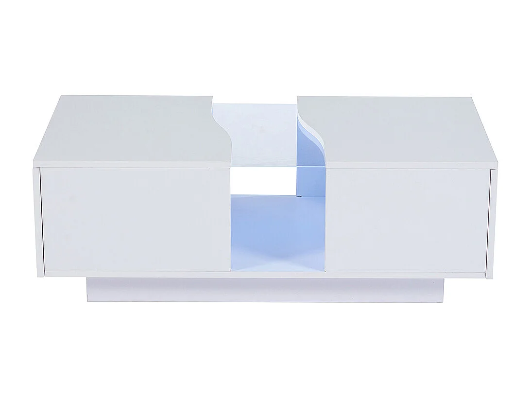 Table basse LED moderne blanc brillant 2 tiroirs éclairage LED plateau acrylique MDF salon chambre