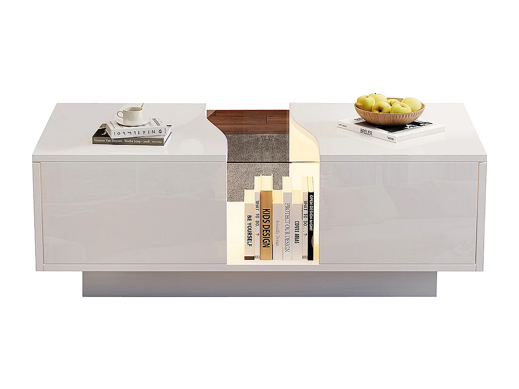 Table basse LED moderne blanc brillant 2 tiroirs éclairage LED plateau acrylique MDF salon chambre