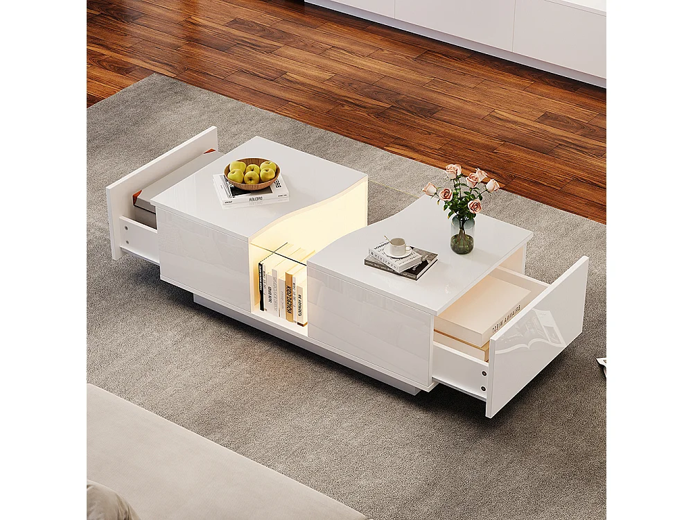 Table basse LED moderne blanc brillant 2 tiroirs éclairage LED plateau acrylique MDF salon chambre
