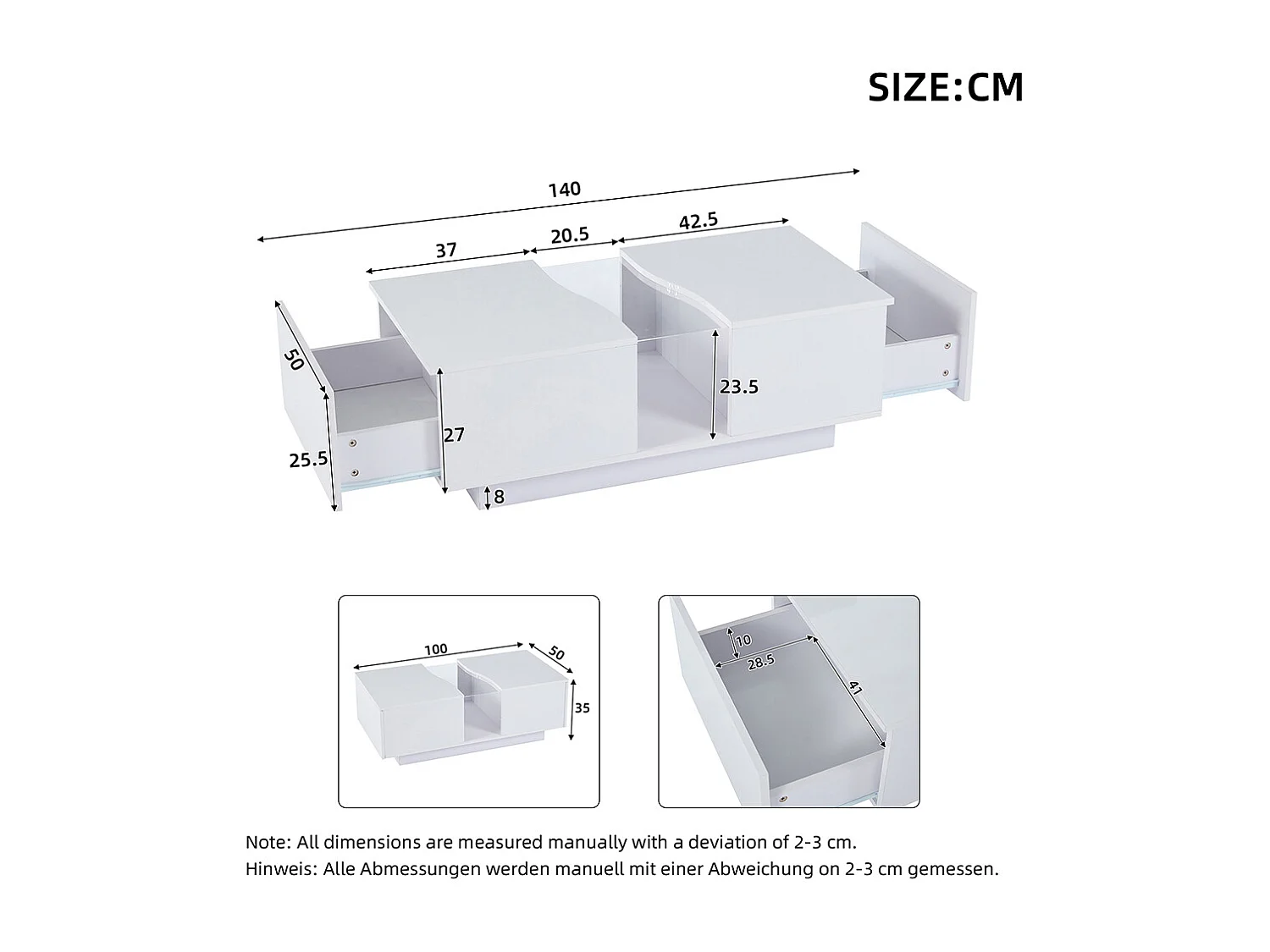 Table basse LED moderne blanc brillant 2 tiroirs éclairage LED plateau acrylique MDF salon chambre