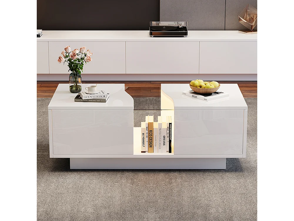 Table basse LED moderne blanc brillant 2 tiroirs éclairage LED plateau acrylique MDF salon chambre