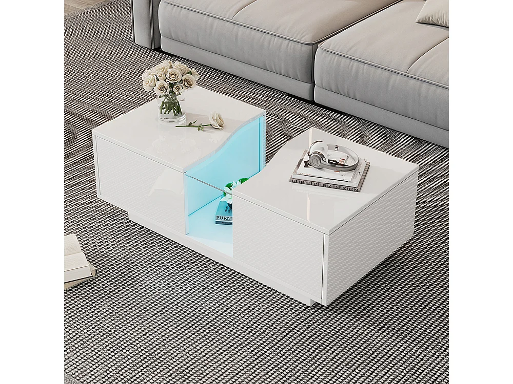 Table basse LED moderne blanc brillant 2 tiroirs éclairage LED plateau acrylique MDF salon chambre