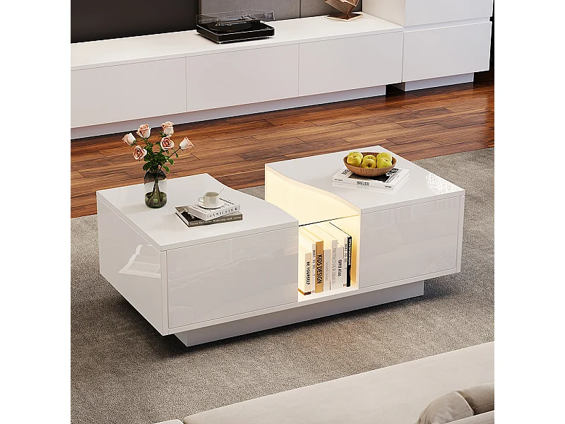 Table basse LED moderne blanc brillant 2 tiroirs éclairage LED plateau acrylique MDF salon chambre
