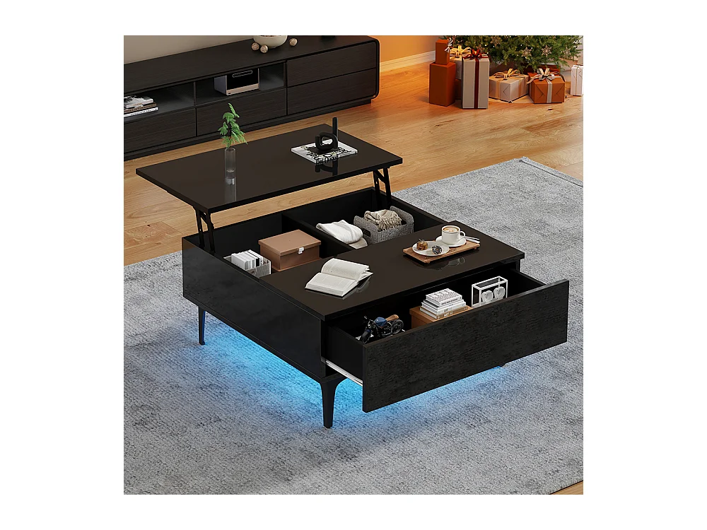 Table basse relevable réglable hauteur rangement caché tablettes noir brillant LED tiroirs salon