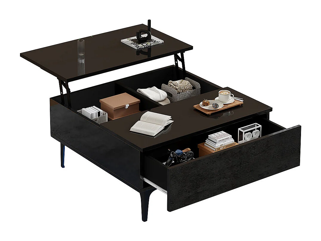 Table basse relevable réglable hauteur rangement caché tablettes noir brillant LED tiroirs salon