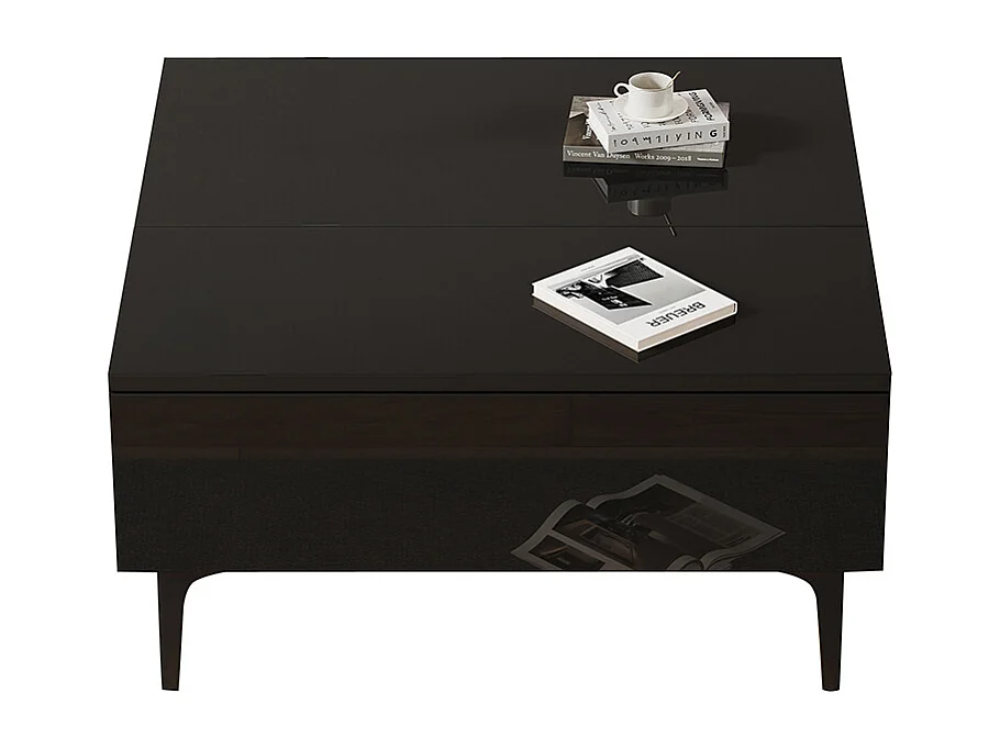 Table basse relevable réglable hauteur rangement caché tablettes noir brillant LED tiroirs salon