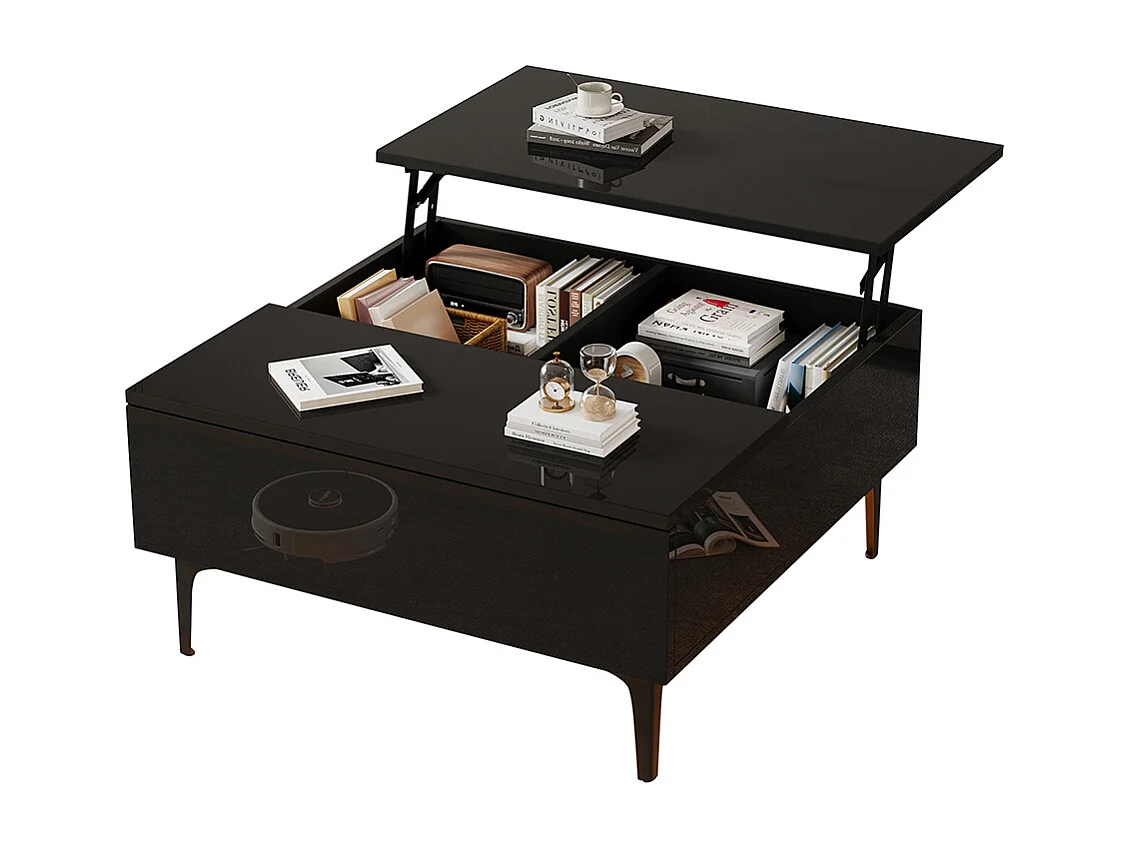 Table basse relevable réglable hauteur rangement caché tablettes noir brillant LED tiroirs salon