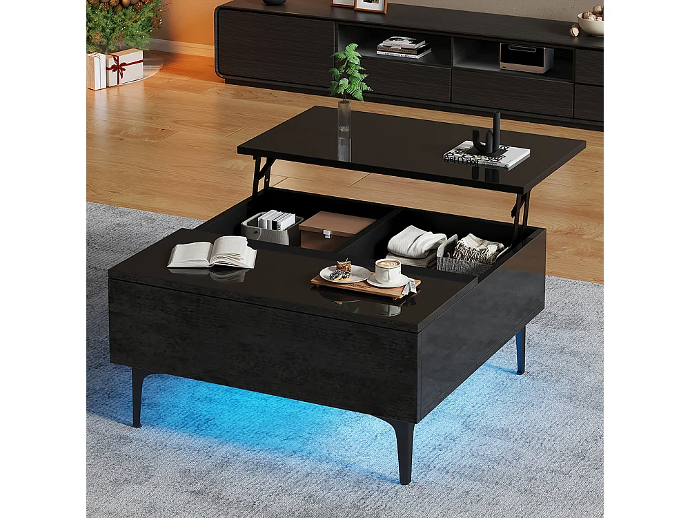 Table basse relevable réglable hauteur rangement caché tablettes noir brillant LED tiroirs salon