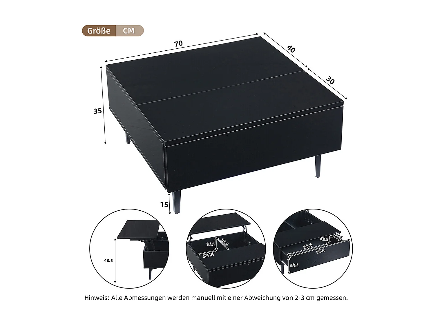 Table basse relevable réglable hauteur rangement caché tablettes noir brillant LED tiroirs salon