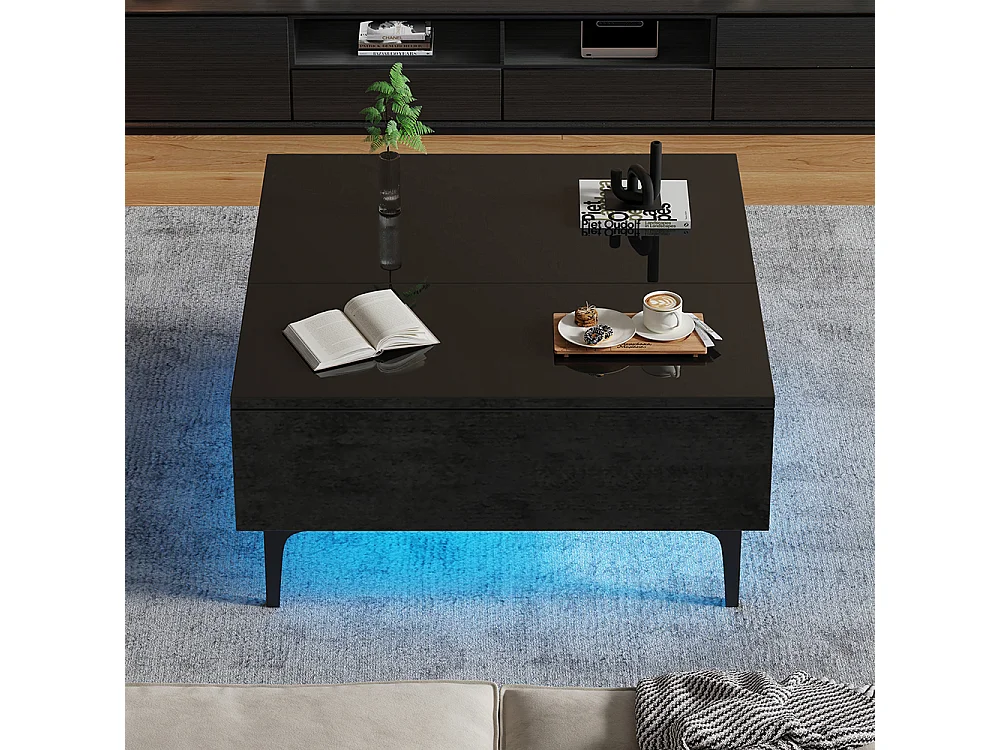 Table basse relevable réglable hauteur rangement caché tablettes noir brillant LED tiroirs salon