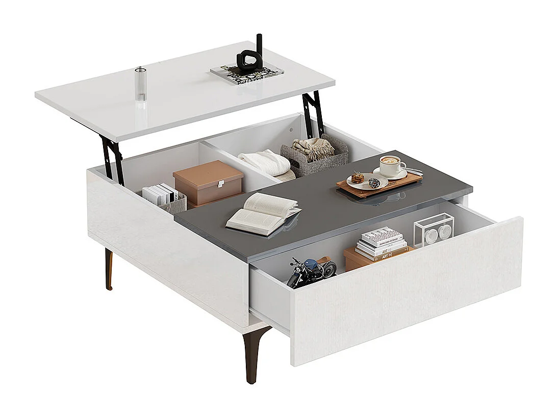 Table basse relevable réglable hauteur rangement caché tablettes blanc brillant LED tiroirs salon