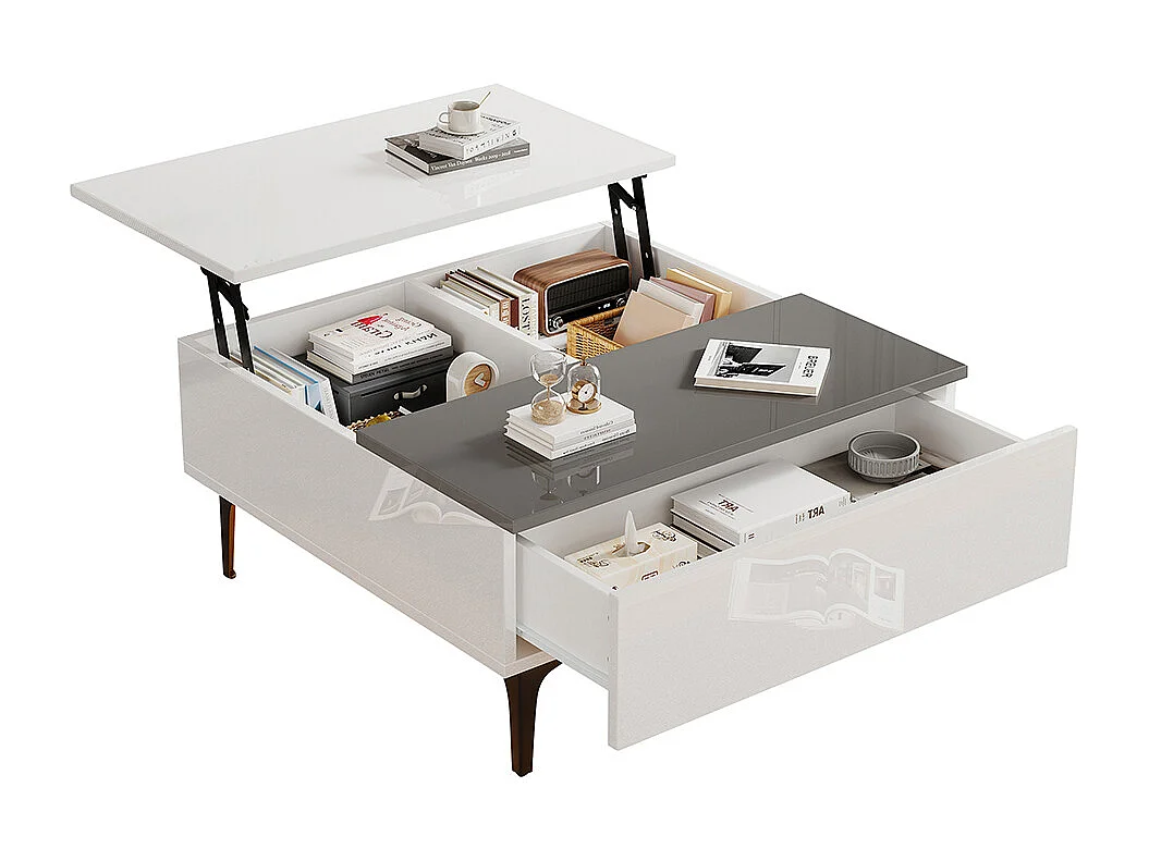 Table basse relevable réglable hauteur rangement caché tablettes blanc brillant LED tiroirs salon