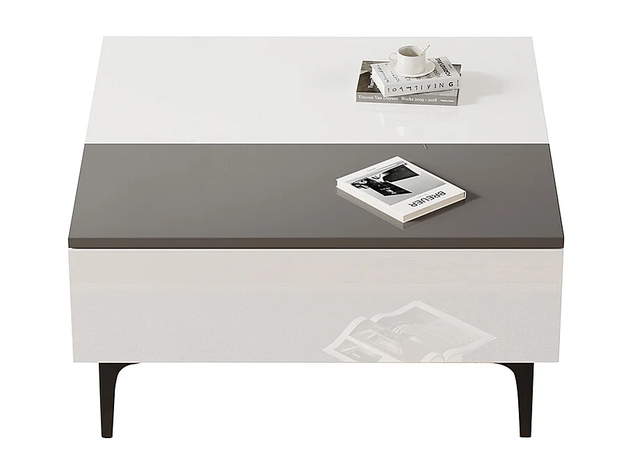 Table basse relevable réglable hauteur rangement caché tablettes blanc brillant LED tiroirs salon