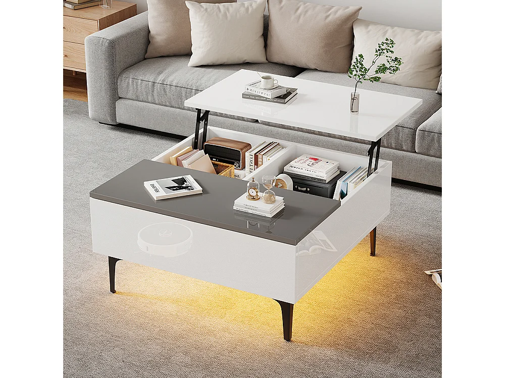 Table basse relevable réglable hauteur rangement caché tablettes blanc brillant LED tiroirs salon