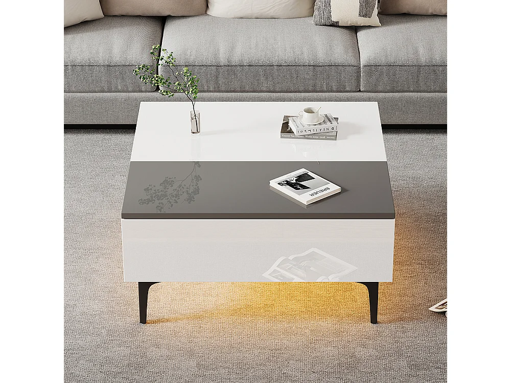 Table basse relevable réglable hauteur rangement caché tablettes blanc brillant LED tiroirs salon