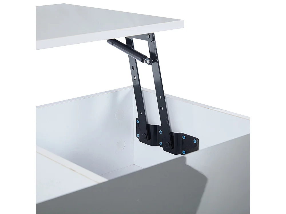Table basse relevable réglable hauteur rangement caché tablettes blanc brillant LED tiroirs salon