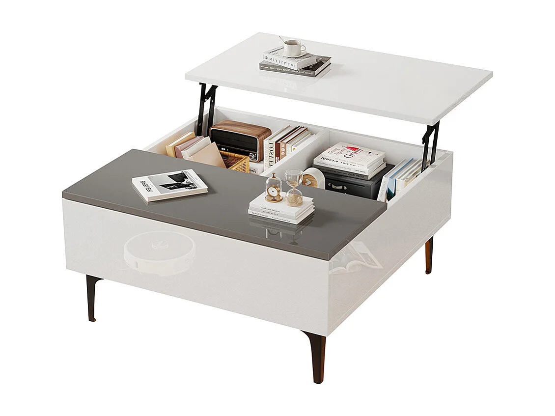 Table basse relevable réglable hauteur rangement caché tablettes blanc brillant LED tiroirs salon