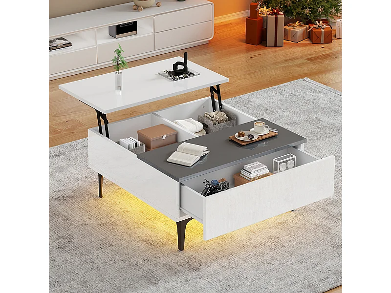 Table basse relevable réglable hauteur rangement caché tablettes blanc brillant LED tiroirs salon