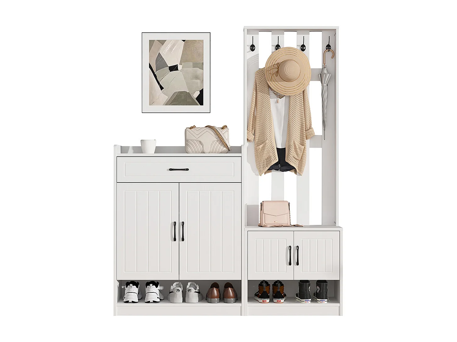 Meuble chaussures blanc vestiaire entrée panneau armoires mat séchoir étagères réglables