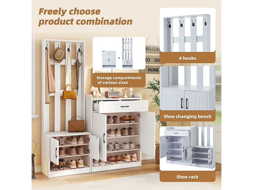 Meuble chaussures blanc vestiaire entrée panneau armoires mat séchoir étagères réglables