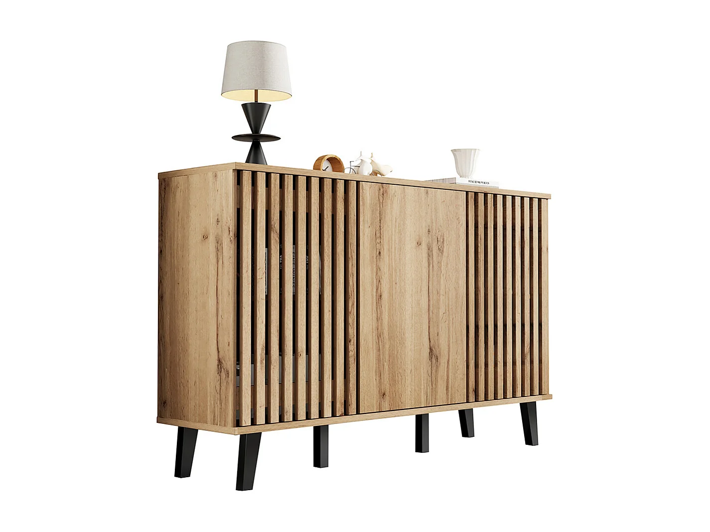 Buffet meuble appoint salon armoire large 3 portes 6 compartiments salon chambre bureau entrée naturel