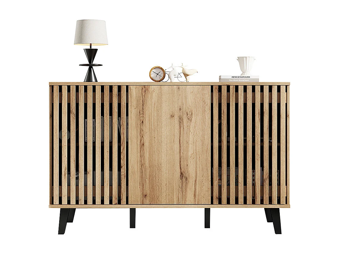 Buffet meuble appoint salon armoire large 3 portes 6 compartiments salon chambre bureau entrée naturel