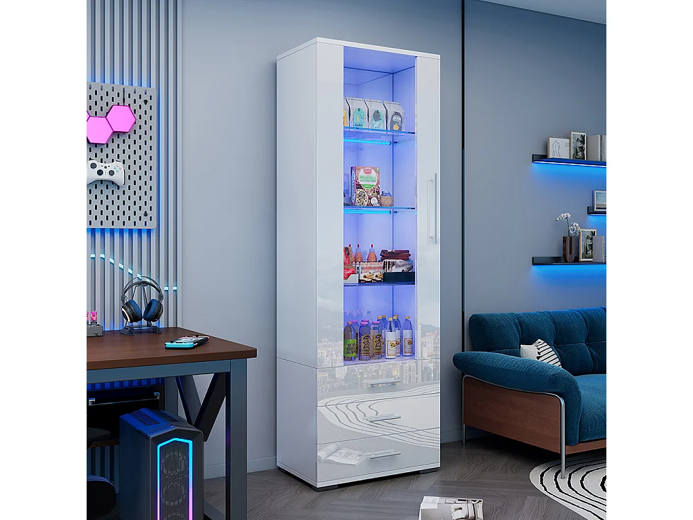 Vitrine blanche brillante verre pied éclairage LED verticale 3 tiroirs
