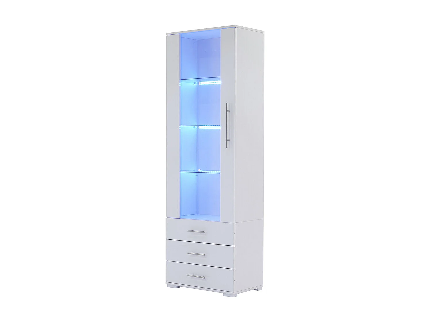 Vitrine blanche brillante verre pied éclairage LED verticale 3 tiroirs