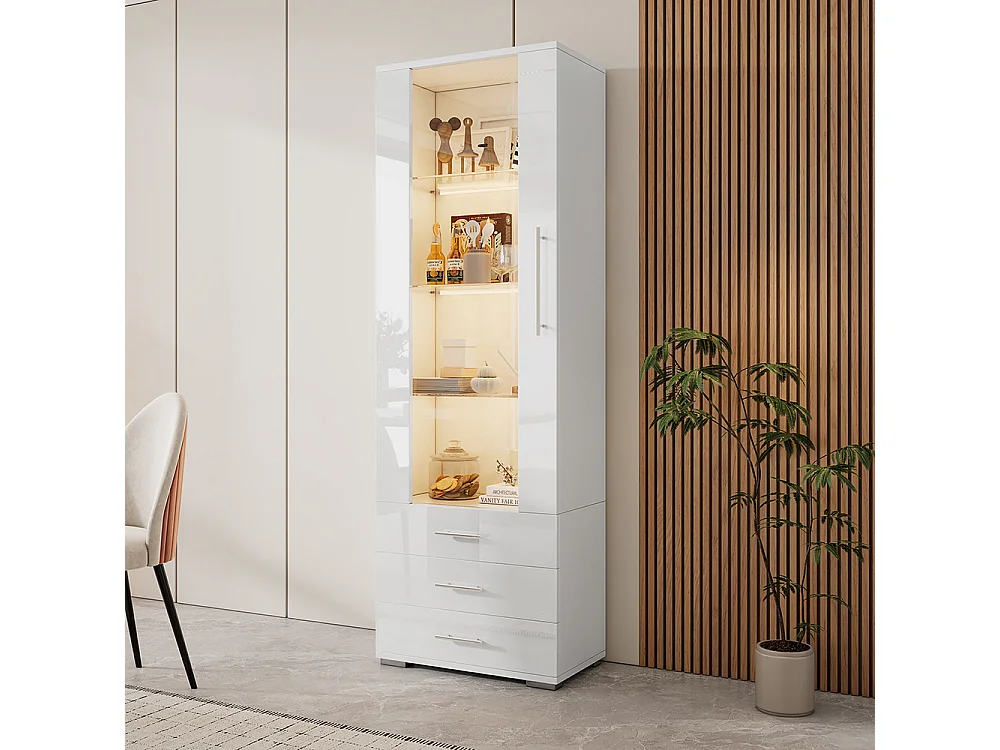 Vitrine blanche brillante verre pied éclairage LED verticale 3 tiroirs