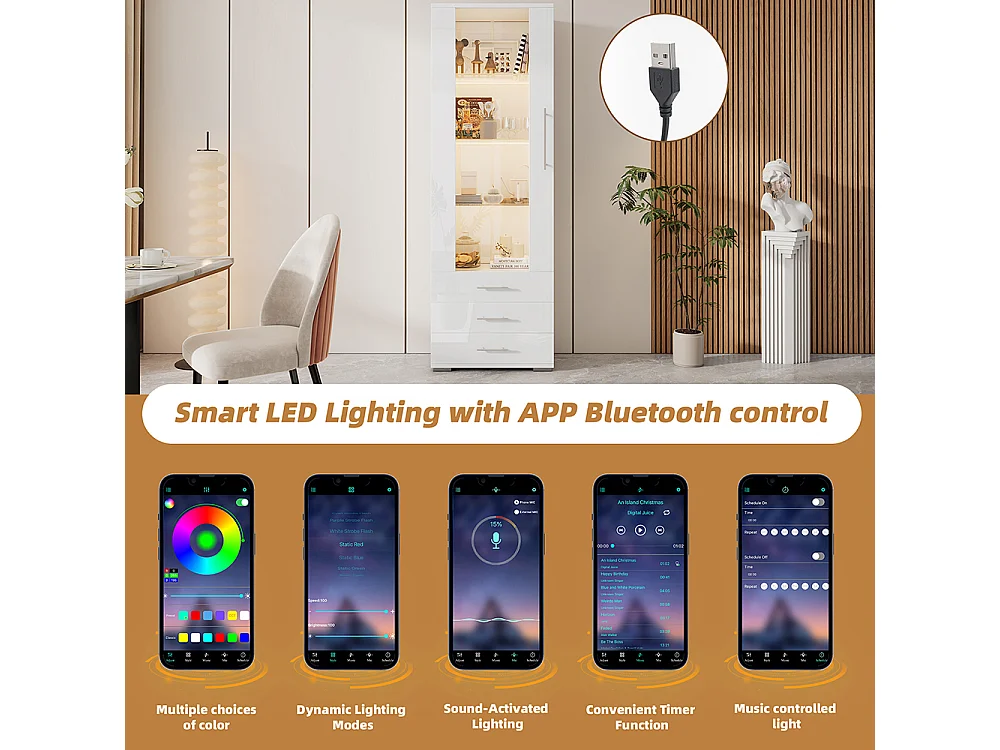 Vitrine blanche brillante verre pied éclairage LED verticale 3 tiroirs